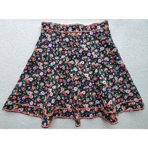 Vintage 70s Floral A line Skirt Navy Pink Orange Ditsy Print Cottagecore Small